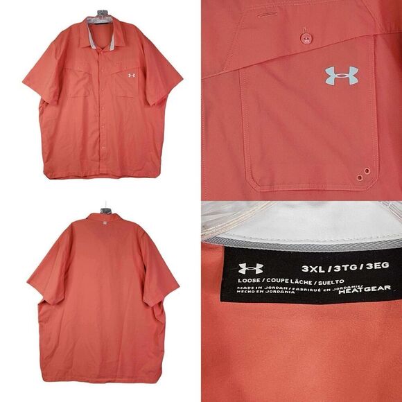 Under Armour Shirt Orange Heat Gear Loose Short Sleeve Button Down Men Size 3XL - Picture 1 of 12